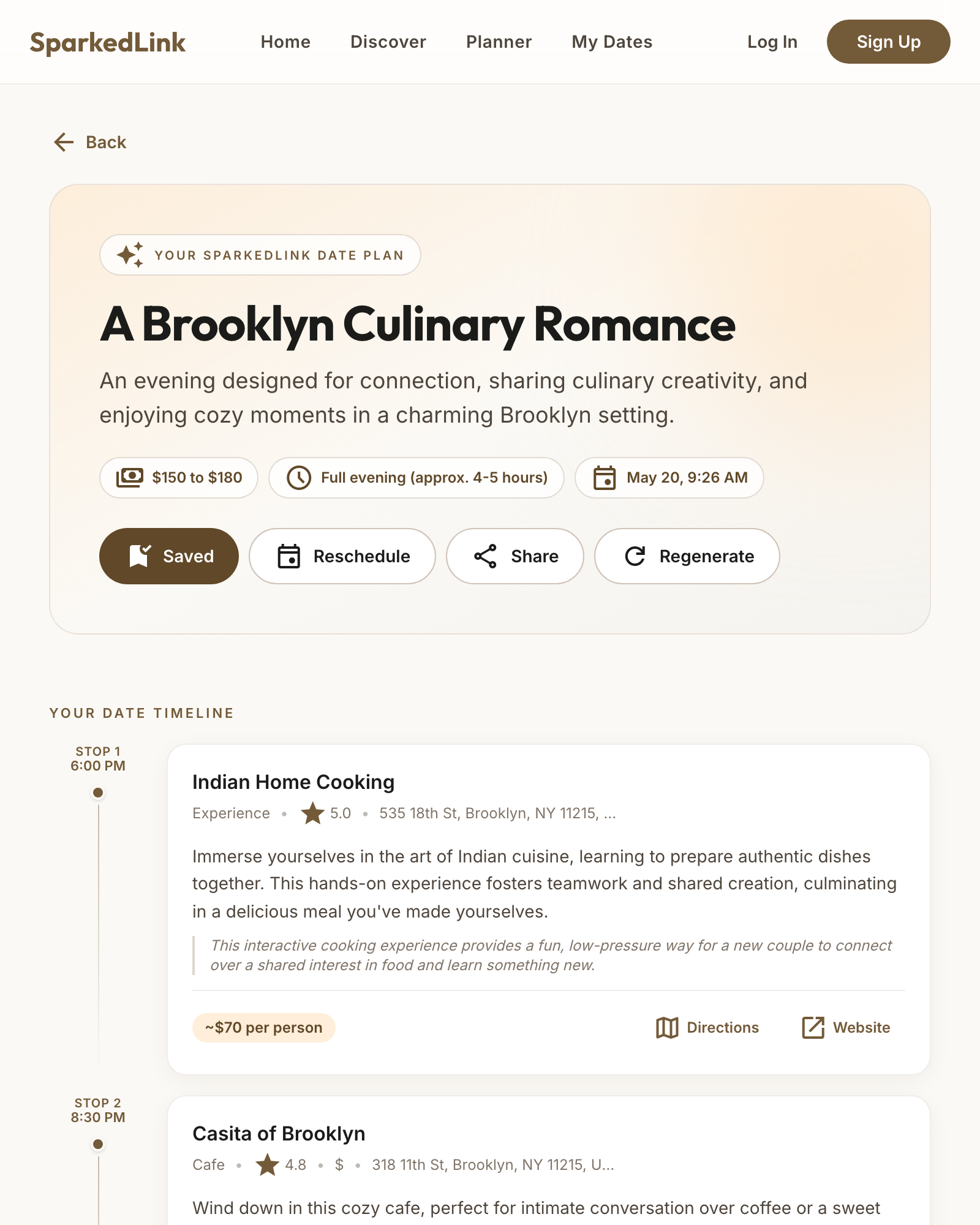 Generated date plan showing timeline of venues